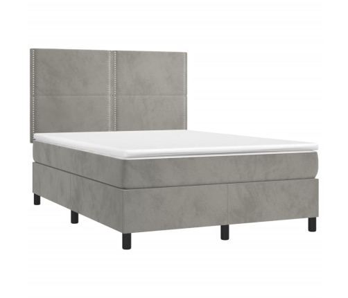 Cama box spring colchón y LED terciopelo gris claro 140x190 cm