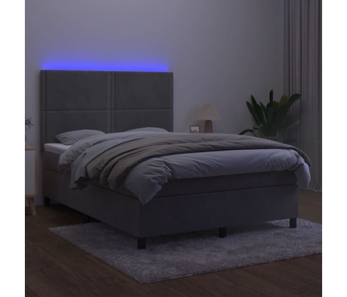 Cama box spring colchón y LED terciopelo gris claro 140x190 cm