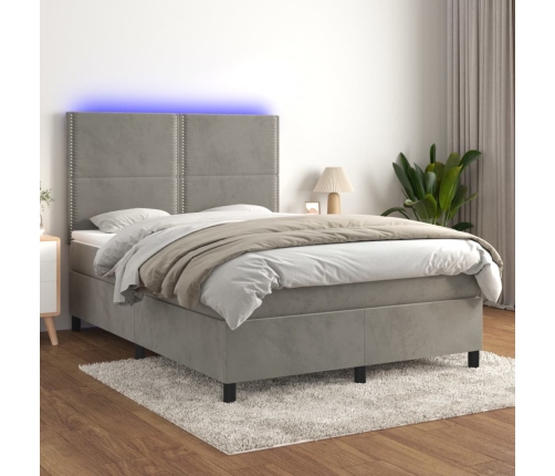 Cama box spring colchón y LED terciopelo gris claro 140x190 cm