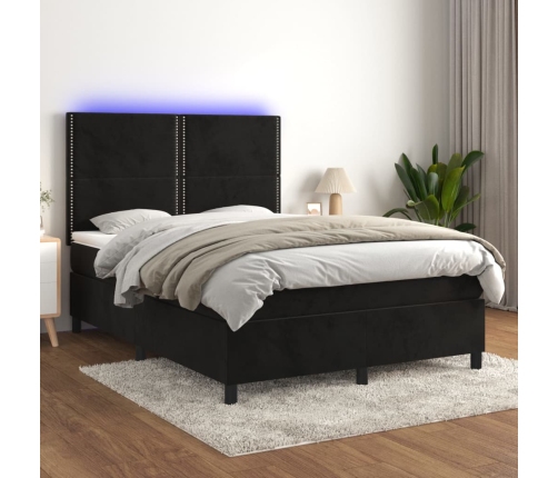 Cama box spring colchón y LED terciopelo negro 140x190 cm