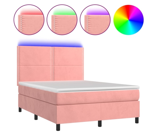 Cama box spring colchón y LED terciopelo rosa 140x190 cm