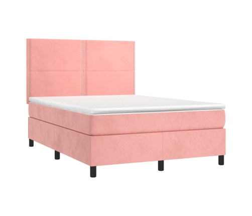 Cama box spring colchón y LED terciopelo rosa 140x190 cm