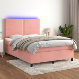 Cama box spring colchón y LED terciopelo rosa 140x190 cm