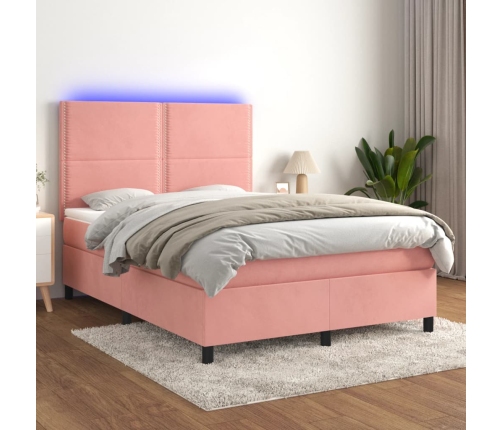 Cama box spring colchón y LED terciopelo rosa 140x190 cm