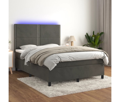 Cama box spring colchón y LED terciopelo gris oscuro 140x200 cm