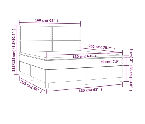 Cama box spring colchón y LED terciopelo gris claro 160x200 cm