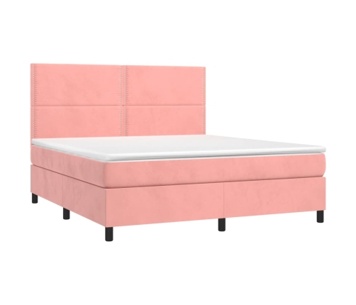 Cama box spring colchón y LED terciopelo rosa 160x200 cm