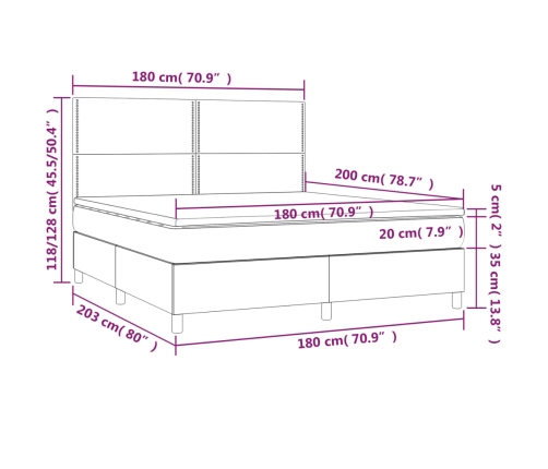 Cama box spring colchón y LED terciopelo rosa 180x200 cm