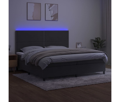 Cama box spring colchón y LED terciopelo gris oscuro 200x200 cm