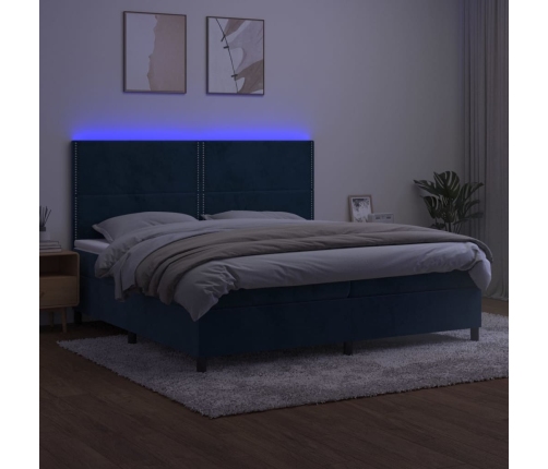 Cama box spring colchón y LED terciopelo azul oscuro 200x200 cm