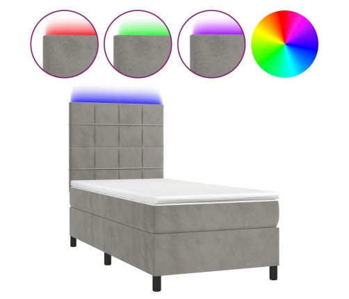 Cama box spring colchón y LED terciopelo gris claro 80x200 cm