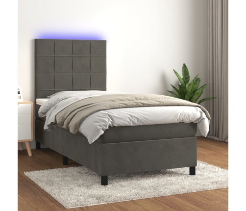 Cama box spring colchón y LED terciopelo gris oscuro 80x200 cm