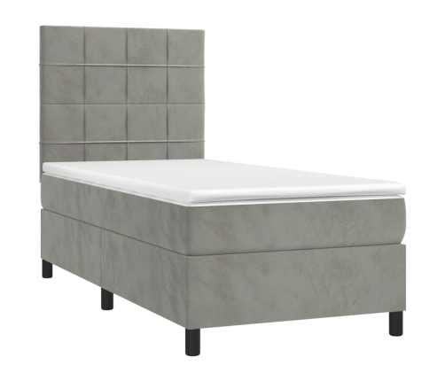 vidaXL Cama box spring colchón y LED terciopelo gris claro 90x200 cm