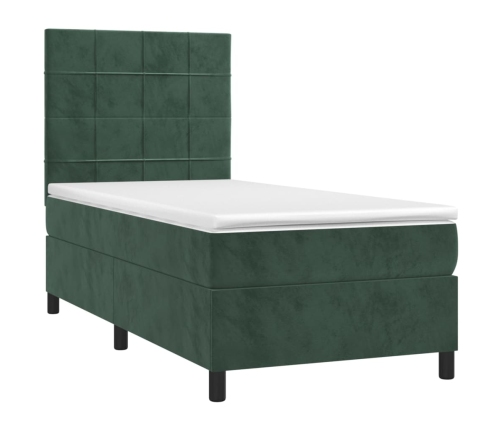 Cama box spring colchón y LED terciopelo verde oscuro 90x200 cm