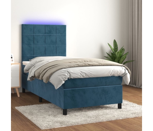 Cama box spring colchón y LED terciopelo azul oscuro 90x200 cm