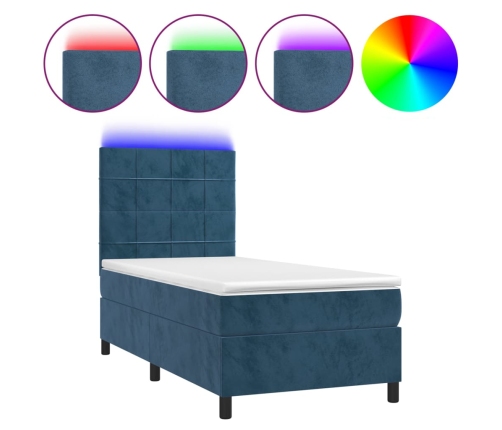 Cama box spring colchón y LED terciopelo azul oscuro 100x200 cm