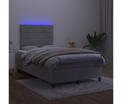 Cama box spring colchón y LED terciopelo gris claro 120x200 cm