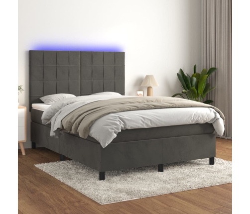 vidaXL Cama box spring colchón y LED terciopelo gris oscuro 140x190 cm