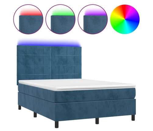 Cama box spring colchón y LED terciopelo azul oscuro 140x190 cm