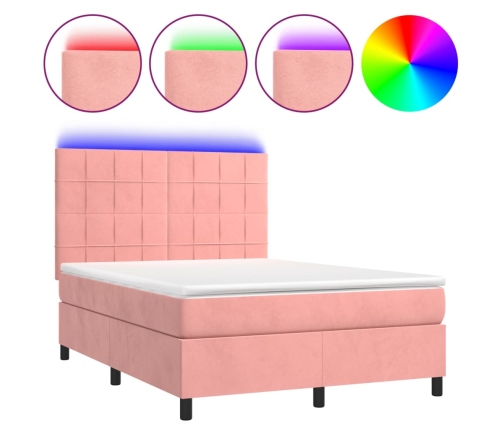 Cama box spring colchón y LED terciopelo rosa 140x190 cm