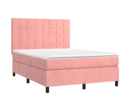 Cama box spring colchón y LED terciopelo rosa 140x190 cm