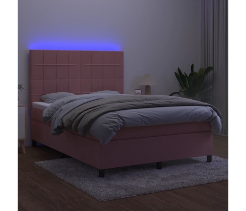 Cama box spring colchón y LED terciopelo rosa 140x190 cm