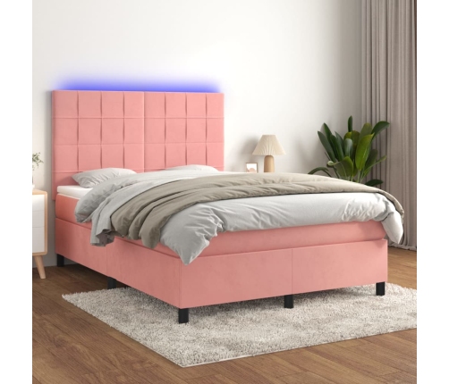 Cama box spring colchón y LED terciopelo rosa 140x190 cm