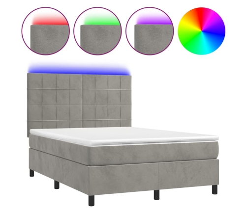 Cama box spring colchón y LED terciopelo gris claro 140x200 cm