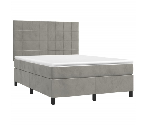 Cama box spring colchón y LED terciopelo gris claro 140x200 cm