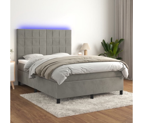 Cama box spring colchón y LED terciopelo gris claro 140x200 cm