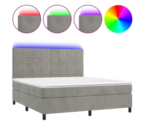 Cama box spring colchón y LED terciopelo gris claro 160x200 cm