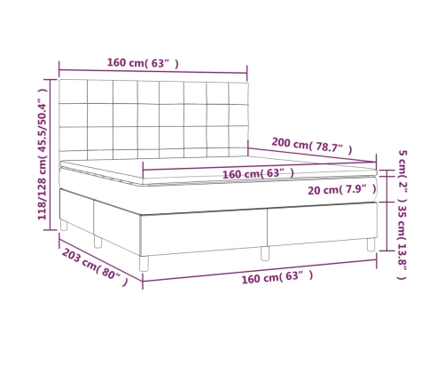 Cama box spring colchón y LED terciopelo gris claro 160x200 cm