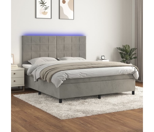 Cama box spring colchón y LED terciopelo gris claro 160x200 cm