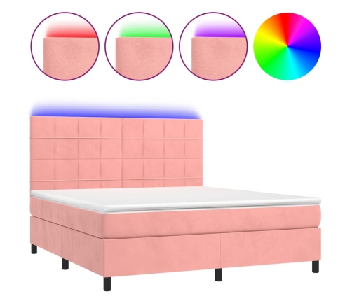 Cama box spring colchón y LED terciopelo rosa 160x200 cm