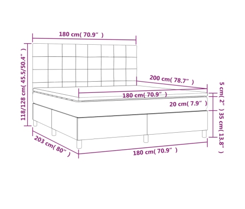 Cama box spring colchón y LED terciopelo gris claro 180x200 cm