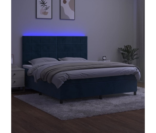 Cama box spring colchón y LED terciopelo azul oscuro 180x200 cm