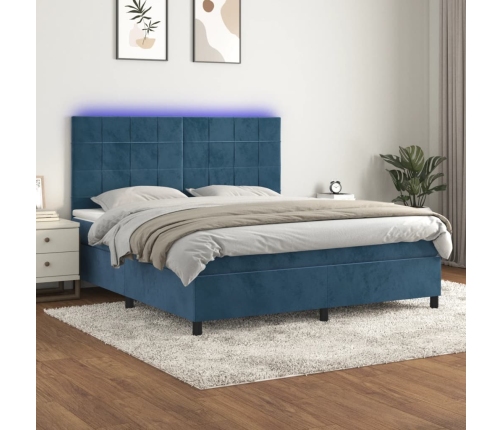 Cama box spring colchón y LED terciopelo azul oscuro 180x200 cm