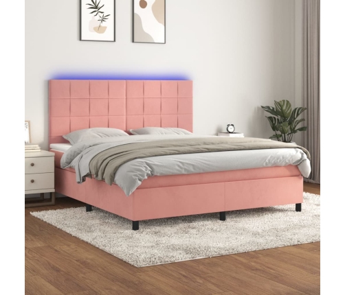 Cama box spring colchón y LED terciopelo rosa 180x200 cm