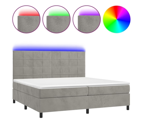 Cama box spring colchón y LED terciopelo gris claro 200x200 cm