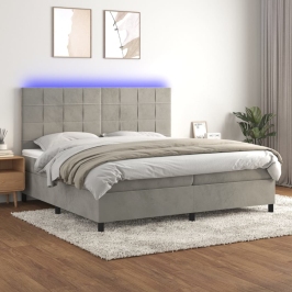 Cama box spring colchón y LED terciopelo gris claro 200x200 cm