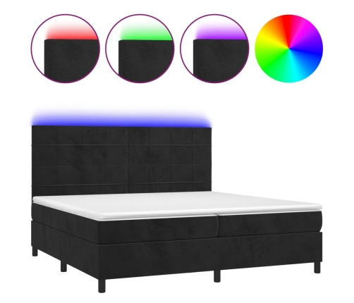 Cama box spring colchón y LED terciopelo negro 200x200 cm