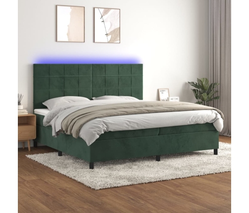 Cama box spring colchón y LED terciopelo verde oscuro 200x200cm