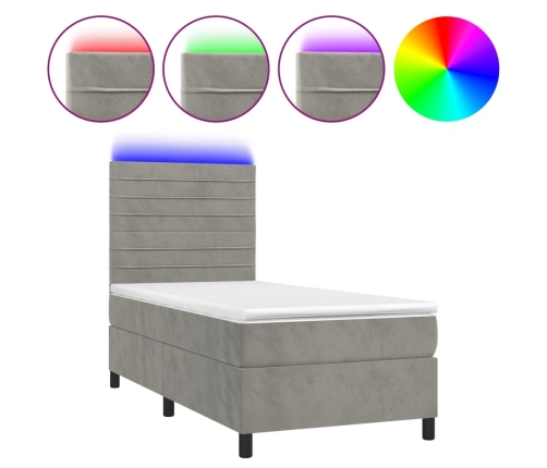 Cama box spring colchón y LED terciopelo gris claro 80x200 cm