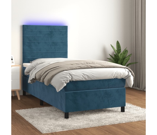 Cama box spring colchón y LED terciopelo azul oscuro 80x200 cm