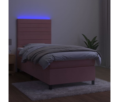 Cama box spring colchón y LED terciopelo rosa 80x200 cm