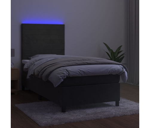 Cama box spring colchón y LED terciopelo gris oscuro 90x200 cm