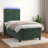 Cama box spring colchón y LED terciopelo verde oscuro 90x200 cm