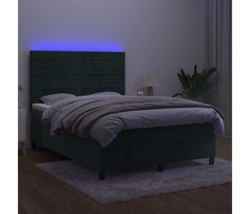 Cama box spring colchón y LED terciopelo verde oscuro 140x190cm