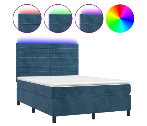 Cama box spring colchón y LED terciopelo azul oscuro 140x190 cm