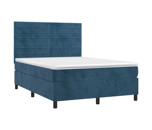 Cama box spring colchón y LED terciopelo azul oscuro 140x190 cm